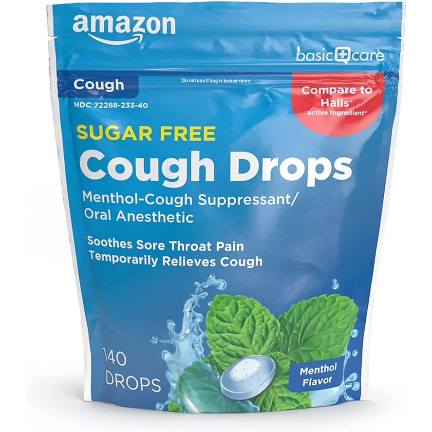 [Hàng Mỹ] Kẹo ngậm the Amazon Basic Care Cough Drops không đường bạc hà - 140 viên