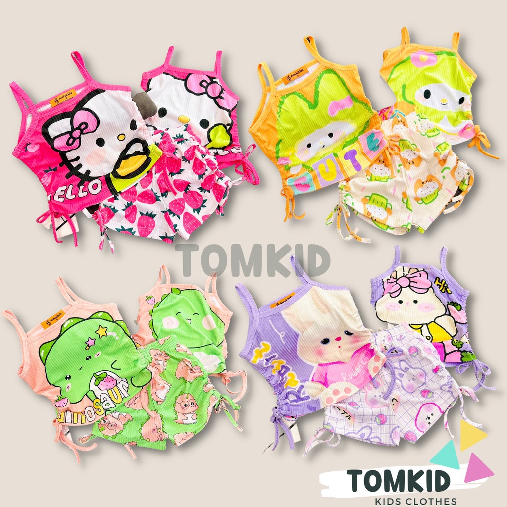 Bộ 2 dây bé gái, đồ bộ cho bé gái quần đùi dây rút thun lạnh loại 1 dày dặn thoáng mát co giãn tốt 10-40kg Tomkids