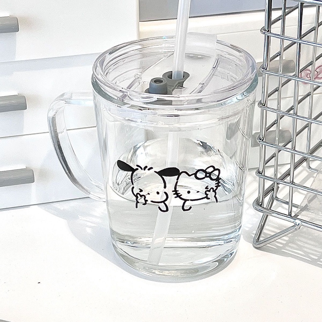 Cốc Thủy Tinh Trong Suốt Hình Hello Kitty Chó Có Nắp Đậy Và Ống Hút
