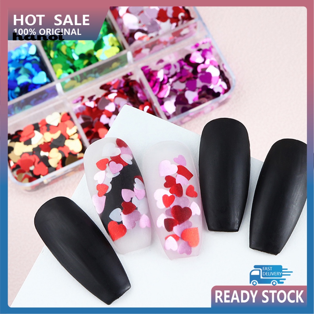 1 Hộp Kim Sa Phản Quang 6 Ngăn Trái Tim Trang Trí Móng Tay DIY