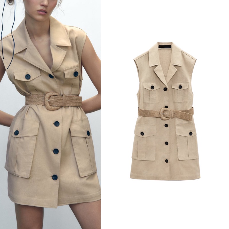 Zara Đầm Sát Nách Vải Lanh Phối Thắt Lưng Thời Trang Mùa Hè 4745021