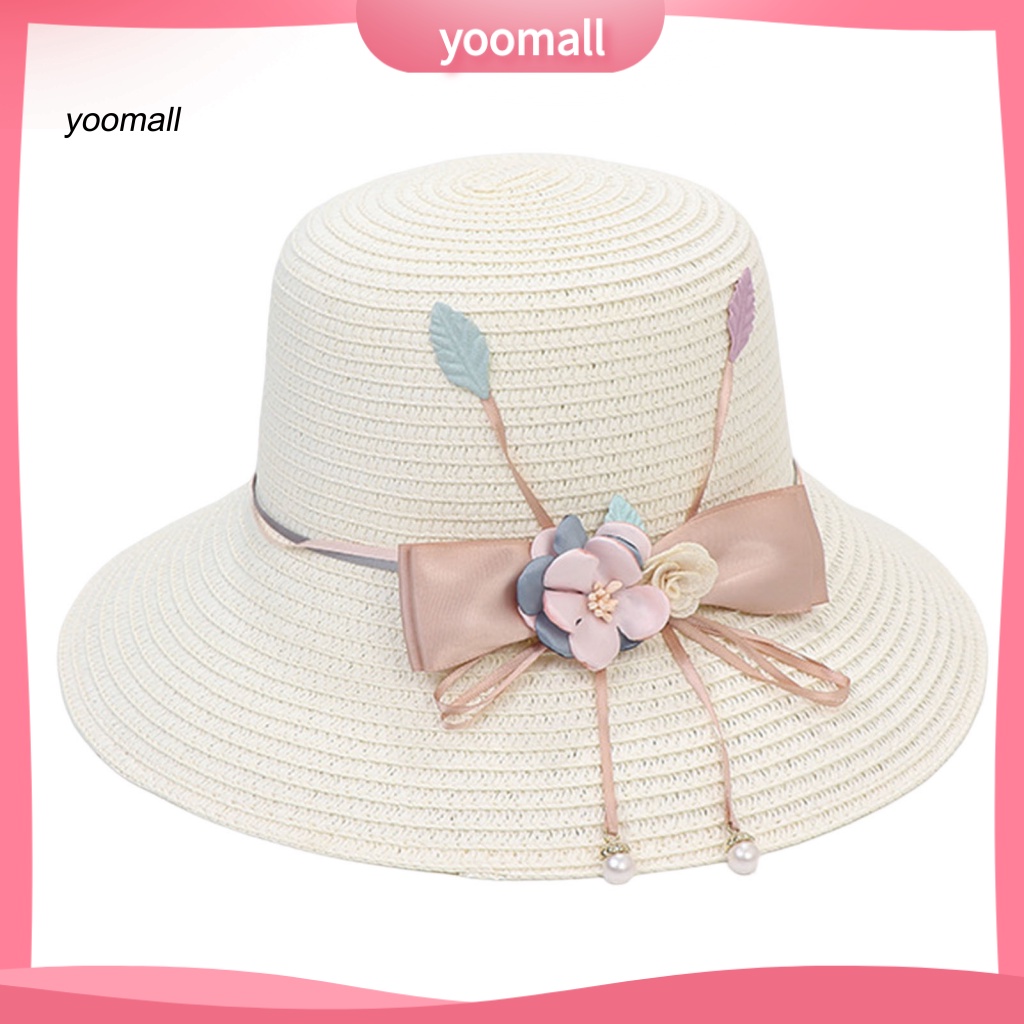Nón Cối Rộng Vành Phối Nơ Ruy Băng Đính Ngọc Trai Giả Thời Trang Mùa Hè Cho Nữ