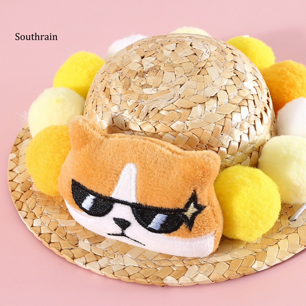 Mũ Chống Nắng Trang Trí Búp Bê Đính Bóng Lông Nhiều Màu Dễ Thương Có Thể Điều Chỉnh Vành Rộng Cho Thú Cưng