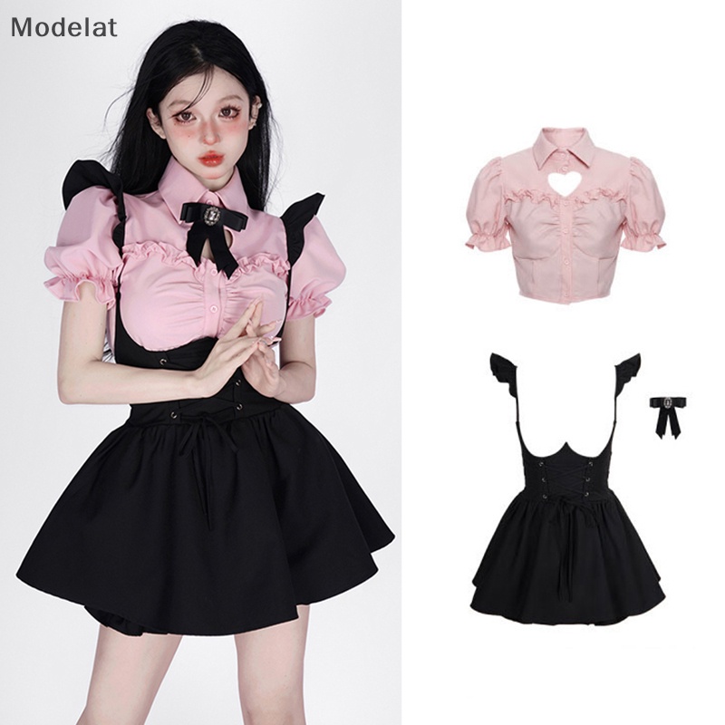 Set Đồ 2 Món Gồm Áo Tay Phồng Họa Tiết Trái Tim Rỗng + Đầm Mini Hai Dây Màu Đen Dễ Thương Cho Bạn Gái