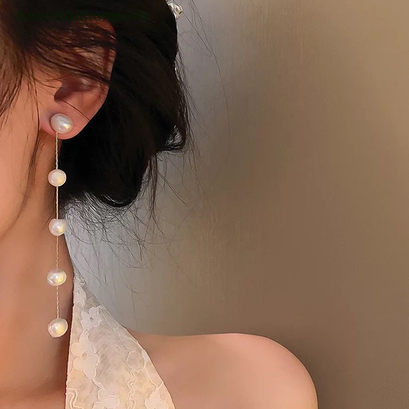 [beautifulhome] Bông Tai Ngọc Trai Kim Loại Dài Tua Rua Hình Học Thời Trang Cổ Điển Tinh Tế [beauty]