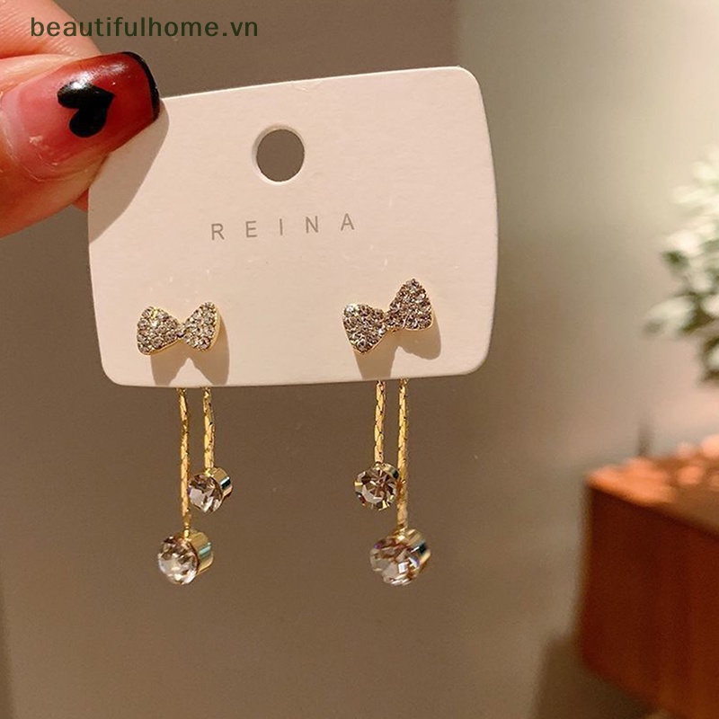 [beautifulhome] Kim Bạc S925 Thiết Kế Thời Trang Dáng Dài Đính Đá Lấp Lánh [beauty]