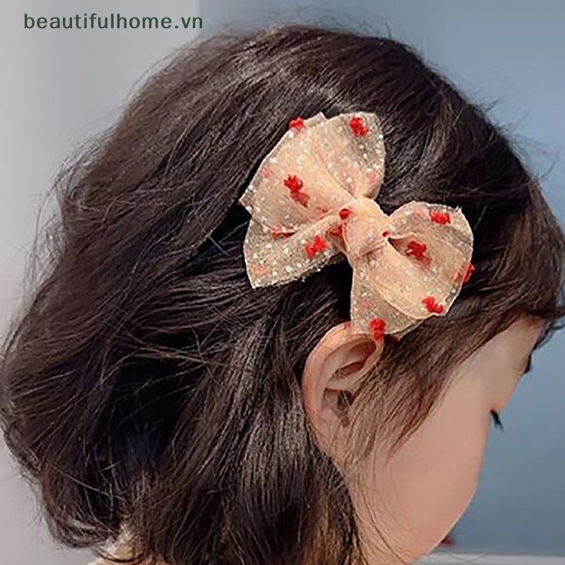 Kẹp Tóc Nơ Lưới Chấm Bi Phong Cách Hàn Quốc Ngọt Ngào Cho Bé Gái