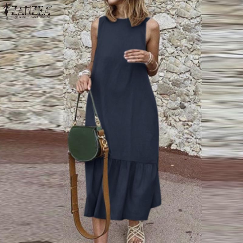 Zanzea Đầm Nữ Cộc Tay Nhún Bèo Màu Trơn Phong Cách Vintage