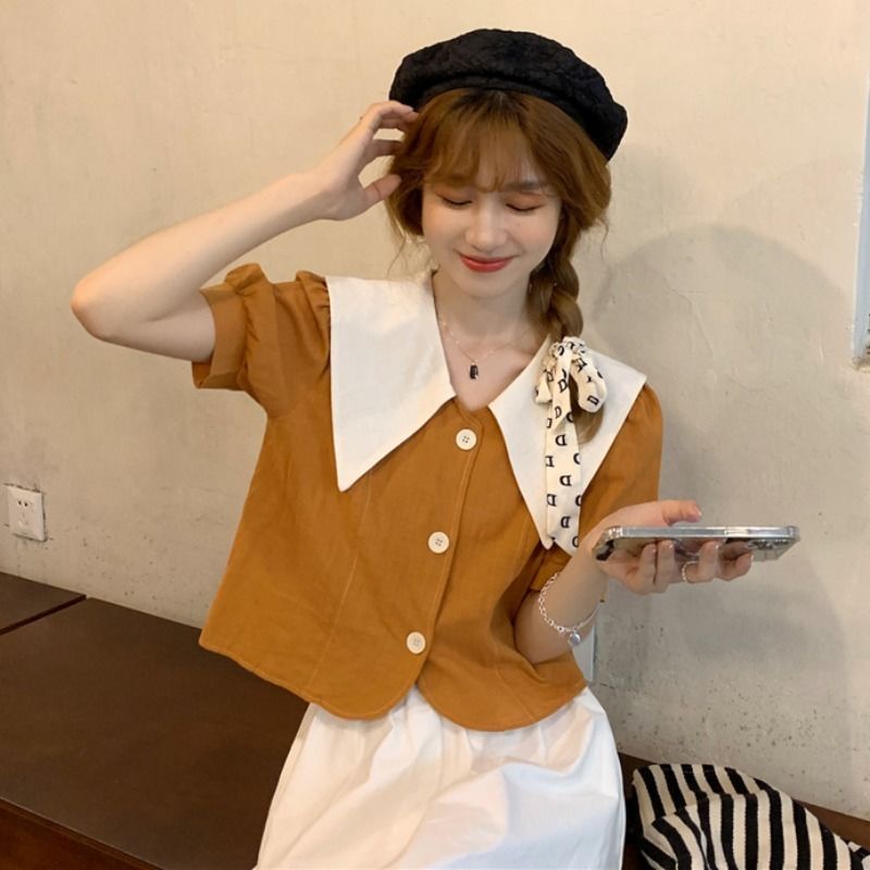Áo Sơ Mi Ngắn Tay Cổ Búp Bê Màu Tương Phản Kiểu Pháp Thời Trang Mùa Xuân 2023 Mới Cho Nữ