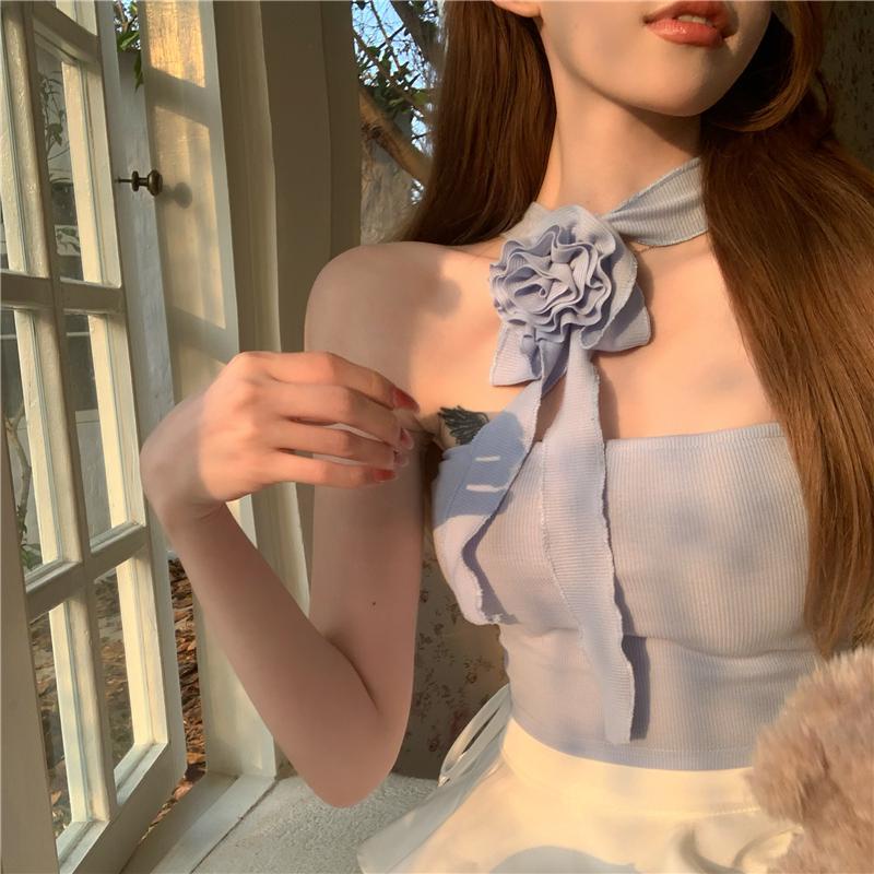 Áo Ống Ngắn Hở Vai Phối Ruy Băng Ba Chiều Màu Trơn Hình Hoa Ngọt Ngào Mùa Hè Cho Nữ