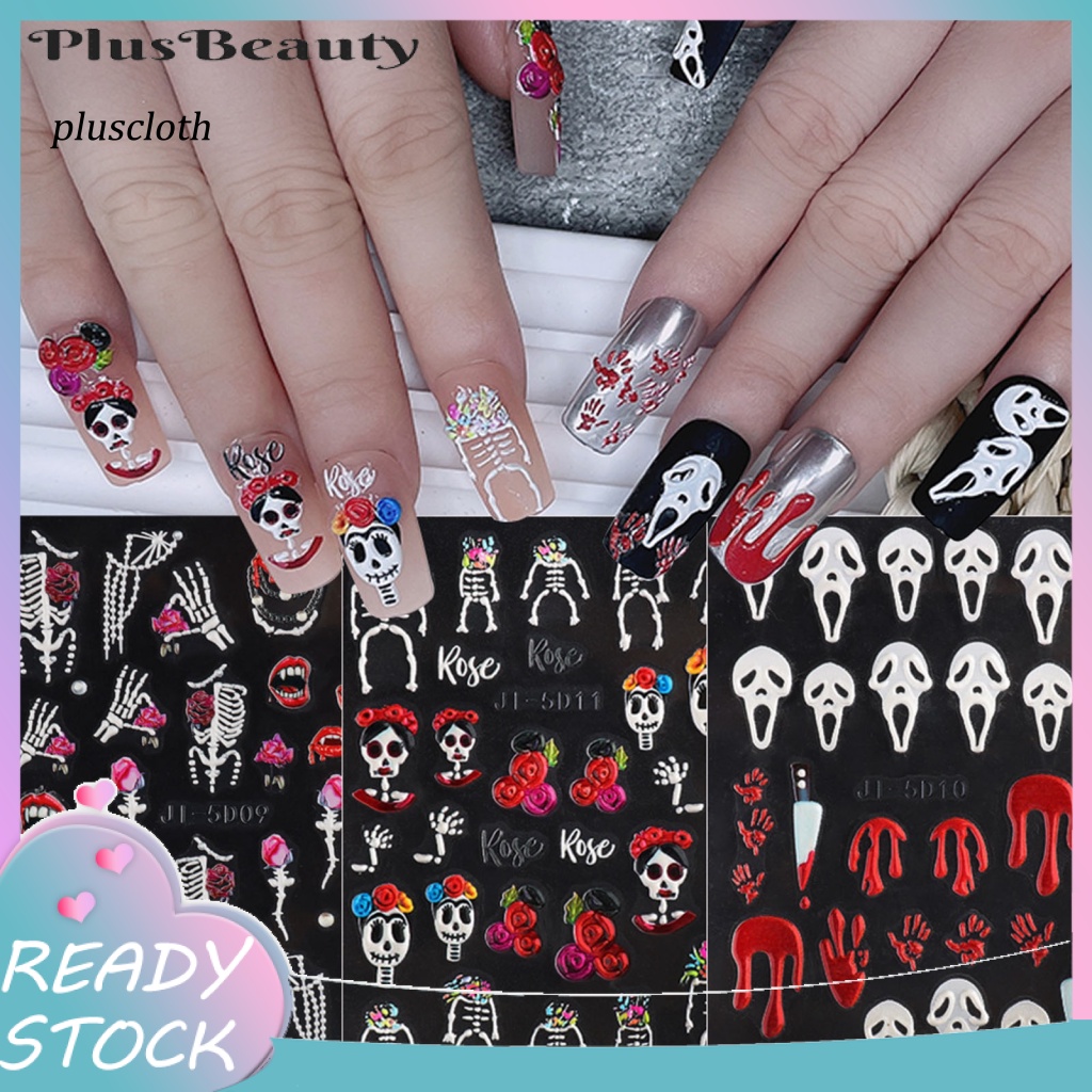 &lt; Plusclothing &gt; Nhãn Dán Móng Tay Dạng Trượt In Họa Tiết Kinh Dị Chống Nước Không Phai Màu Tự Dính Bằng Nhựa Resin Máu Đầu Lâu
