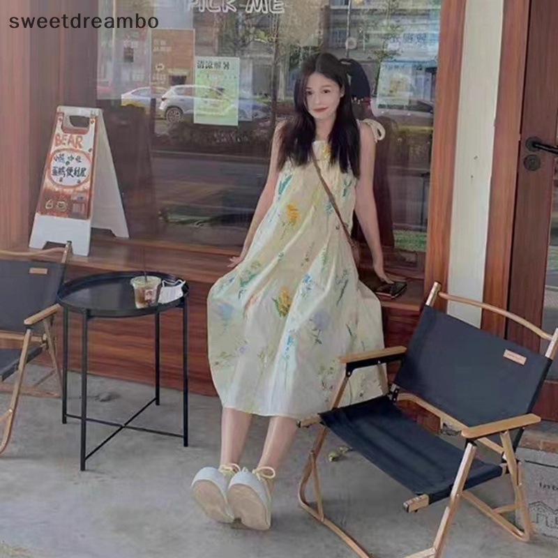 Swe Dresses Phụ Nữ Mùa Hè A-Line Midi Ren-Up Hoa Spaghetti Dây Đeo Kỳ Nghỉ Cô Gái Ngọt Ngào Phong Cách Hàn Quốc drn