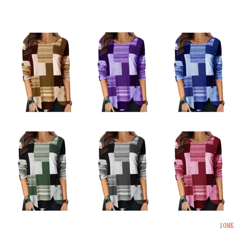 Xiangbao Áo Thun Tay Dài Cổ Tròn Màu Khối Xẻ Tà Viền Nút Bên Hông Kẻ Sọc Caro Đơn Giản Cho Nữ