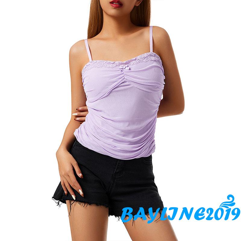 Áo Croptop Hai Dây Vải Tuyn Dáng Ôm Màu Trơn Đính Nơ Ren Xếp Ly Thời Trang Mùa Hè Dành Cho Bạn Nữ
