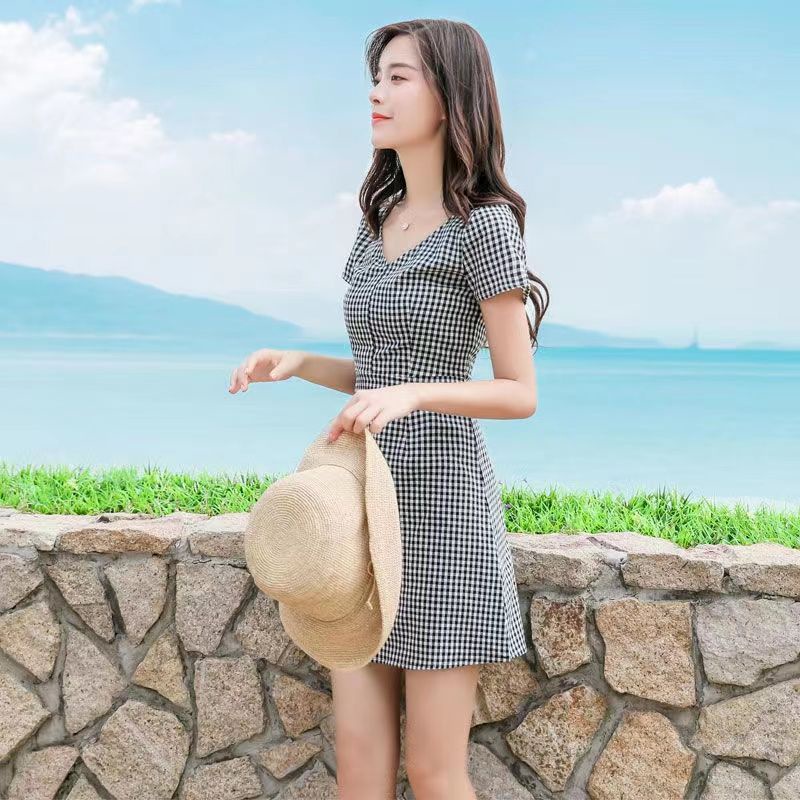 Đầm Nữ Cổ Chữ V Ôm Dáng Họa Tiết Caro Phong Cách Hàn Quốc Thời Trang Mùa Hè Mới