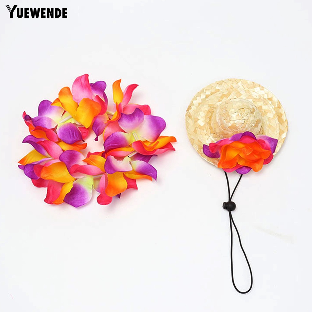 Yq.e Mũ Rơm Hawaiian Thoáng Khí Màu Tươi Sáng Kèm Vòng Hoa Cho Thú Cưng