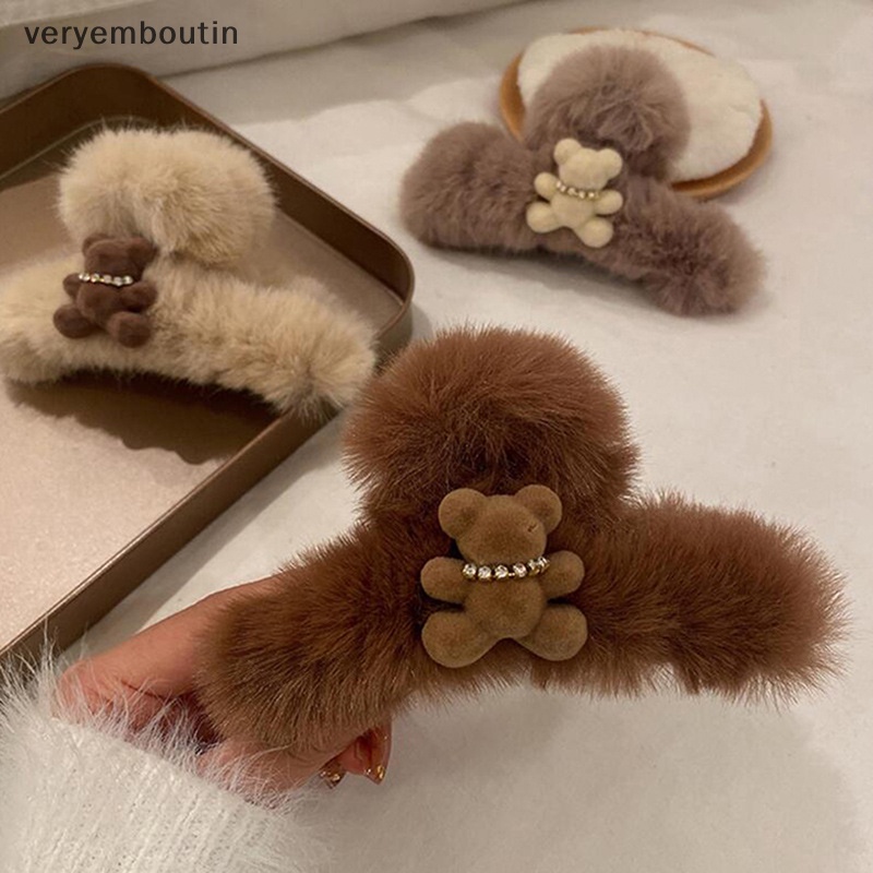 Kẹp Tóc Càng Cua Hình Gấu / Cá Mập Phủ Lông Thỏ Bằng Acrylic Kiểu Hàn Quốc Dễ Thương Thời Trang Mùa Đông Cho Bạn Gái