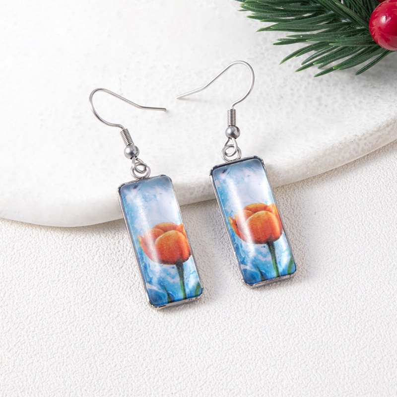 Ygt Khuyên Tai Móc Mặt Kính Cabochon Hình Chữ Nhật Bằng Thép Không Gỉ Hình Hoa Tulips