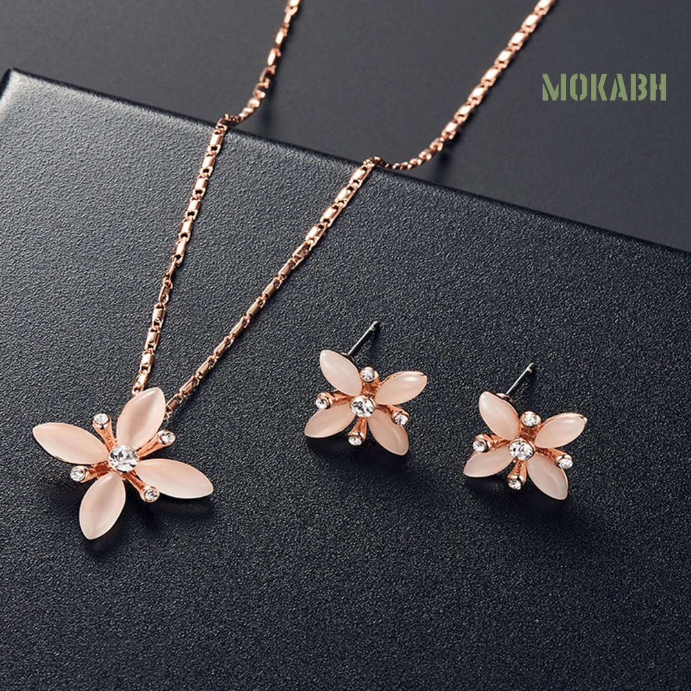 Bộ Vòng cổ + Bông Tai Đính Đá Hình Hoa Thời Trang Cho Nữ