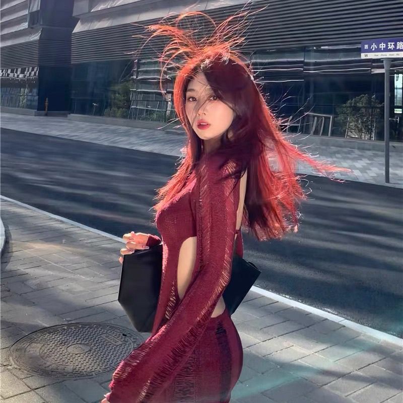 Đầm Thun Dệt Kim Tay Dài Hở Lưng Phong Cách Retro Thời Trang Mới 2023 Dành Cho Bạn Nữ