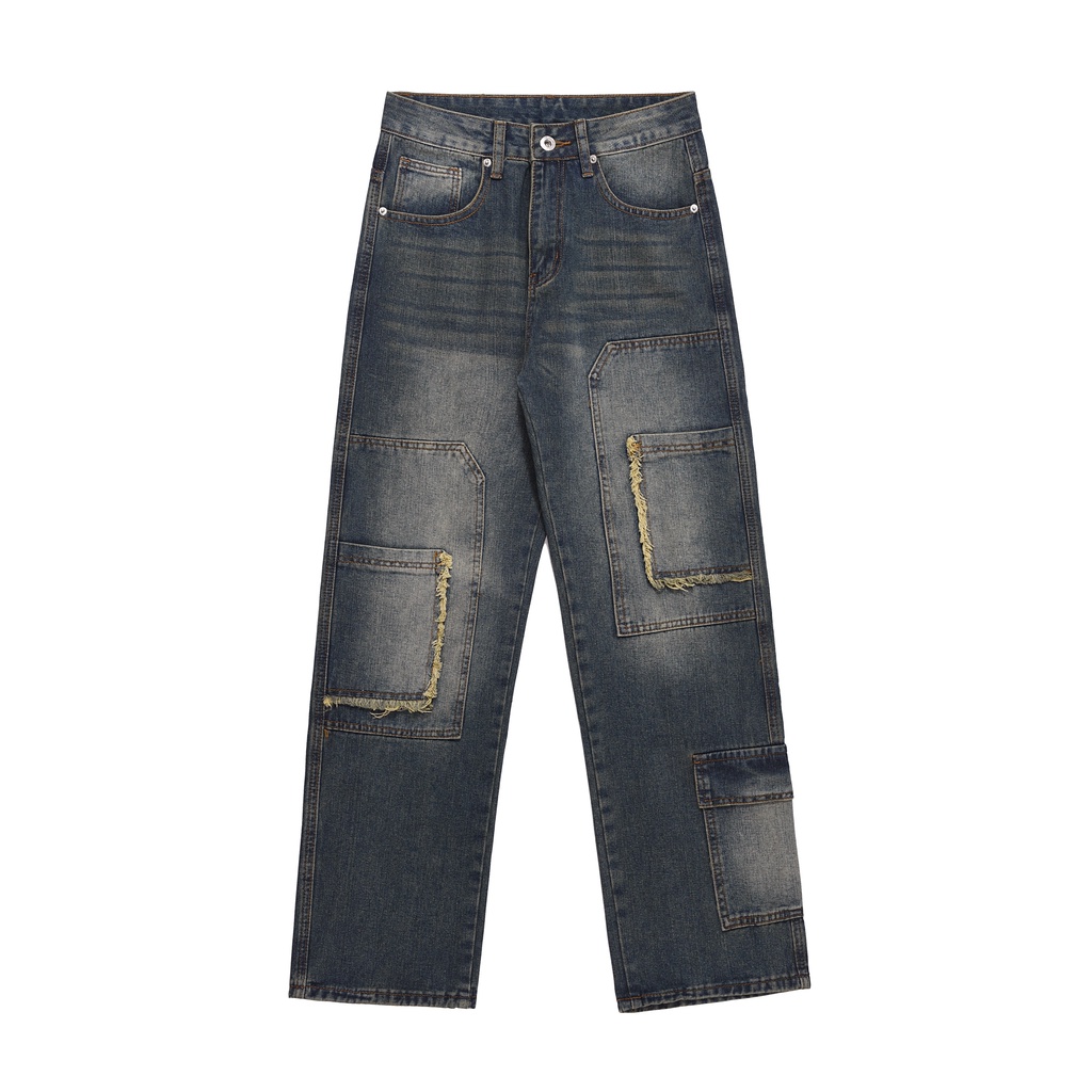 Quần Jean Dài Dáng Rộng Phối Nhiều Túi Phong Cách Retro