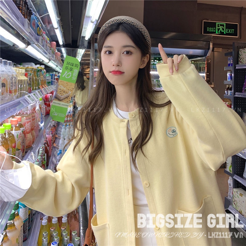 Áo nỉ khoác Bigsize Áo cardigan nữ dáng suông tay dài cổ đứng thiết kế khoá kéo mỏng mùa thu Phong cách Hàn Quốc Thời Trang cá tính xinh đẹp cho người mập béo nữ