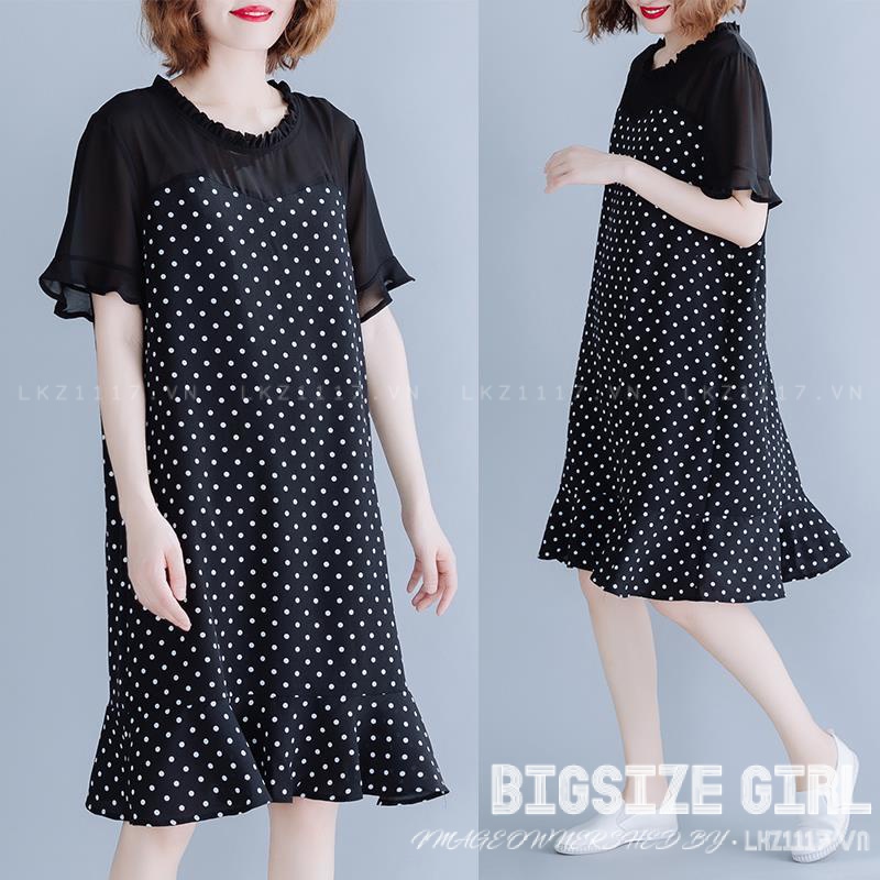 Váy đầm nữ Bigsize Đầm voan dáng suông tay ngắn cổ tròn chấm bi bánh bèo mùa hè Phong cách Hàn Quốc Thời Trang đẹp
