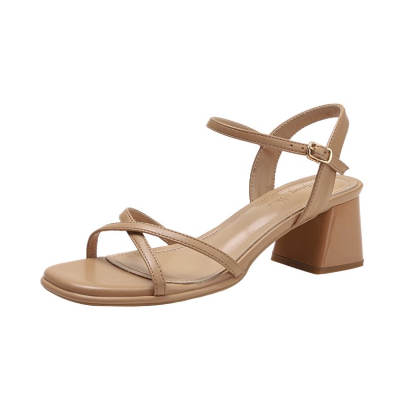 Duoya Tóc Thẳng ~ [Hàng Có Sẵn] Giày Cao Gót Da Mềm Dây Đan Chéo Màu Mơ Đơn Giản Cho Nữ Miễn Phí Vận Chuyển