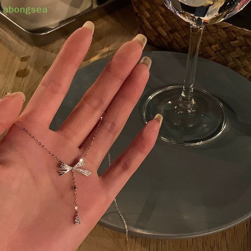 Abongsea Dây Chuyền Mặt Nơ Tua Rua Đính Đá Zircon Thanh Lịch Thời Trang Phong Cách Hàn Quốc Cho Nữ