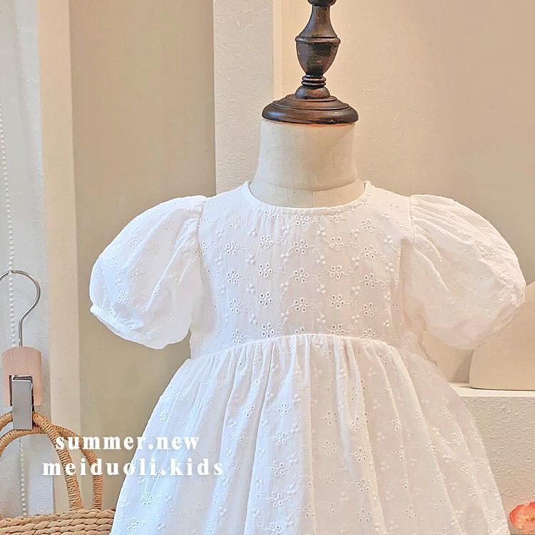 Đầm Công Chúa Chất Cotton Tay Phồng Thêu Họa Tiết Thời Trang Mùa Hè Xinh Xắn Cho Bé Gái