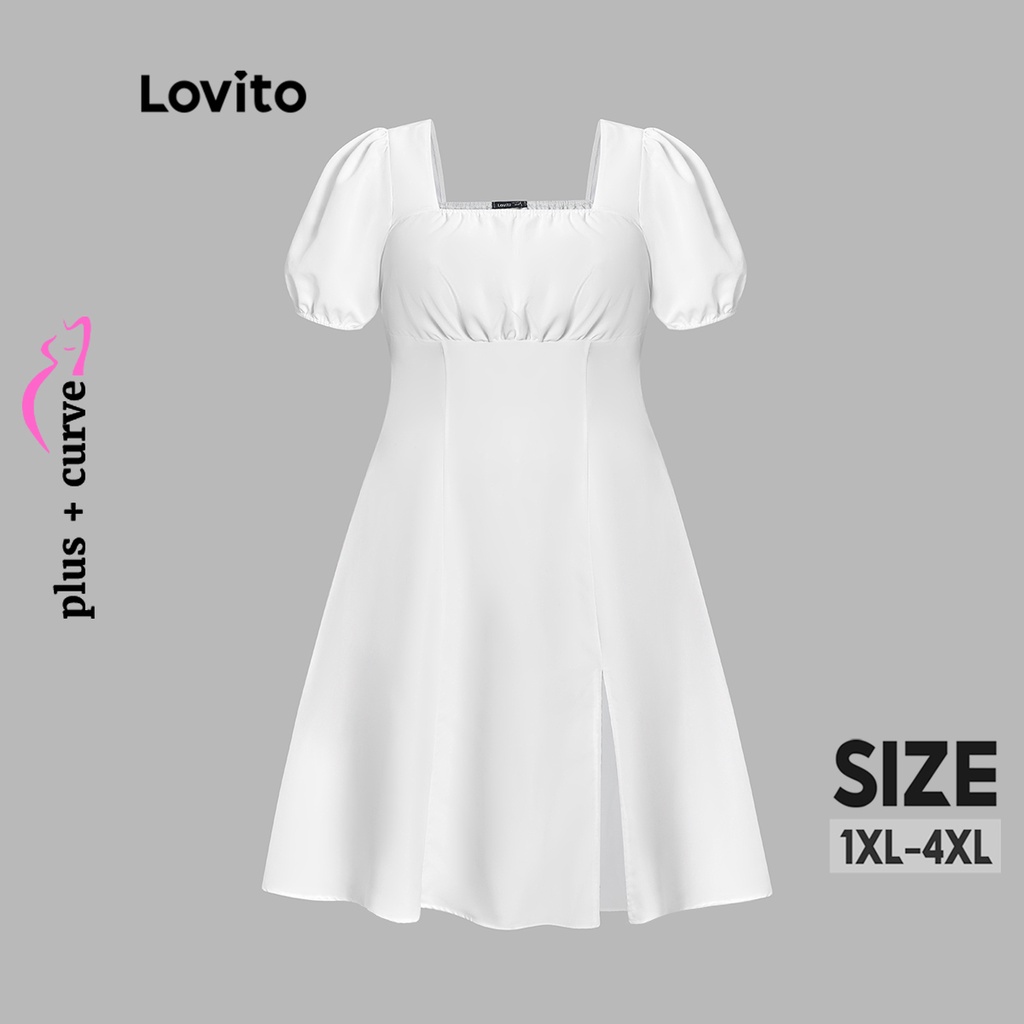 Lovito Váy tay phồng có đường cong cỡ lớn giản dị dành cho nữ LPS11060 (Trắng)