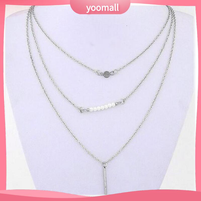 [YM] Vòng cổ Ba Lớp Ngọc Trai Với Xương Ngắn Đính Kim Sa