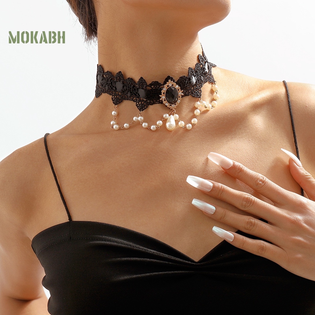 [Mok Abh] Vòng Cổ Choker Ren Hoa Đính Đá Giả Phong Cách Gothic Cổ Điển Cho Nữ