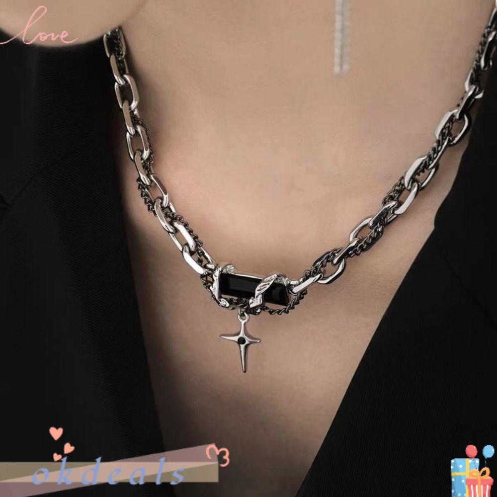 Vòng cổ Thép Titan Đính Đá Quý Đen Phong Cách Punk Cá Tính Cho Nam