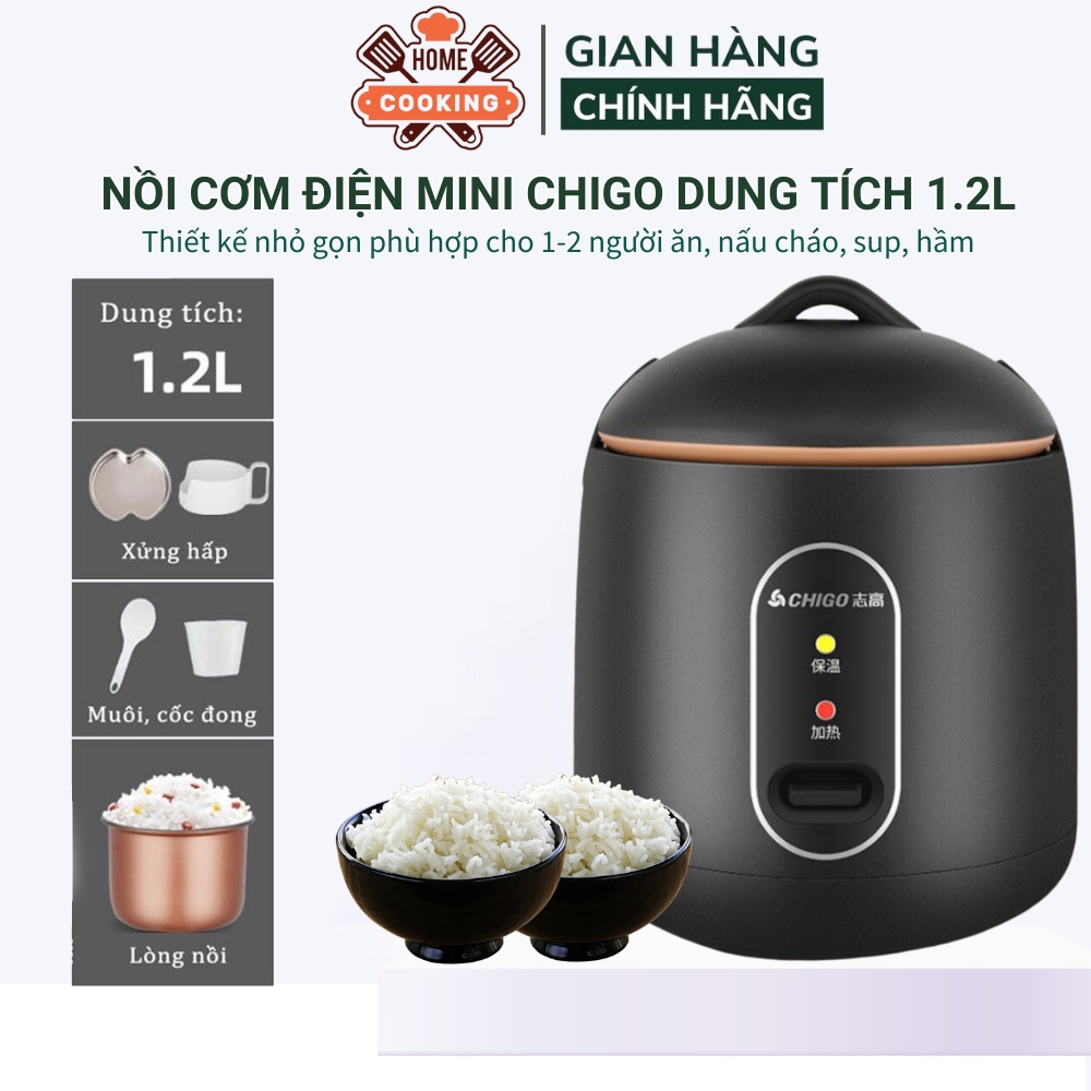 Nồi cơm điện mini đa năng Chigo dung tích 1.2L công suất 600w nấu cháo súp hầm, thiết kế chống dính an toàn cho sức khỏe