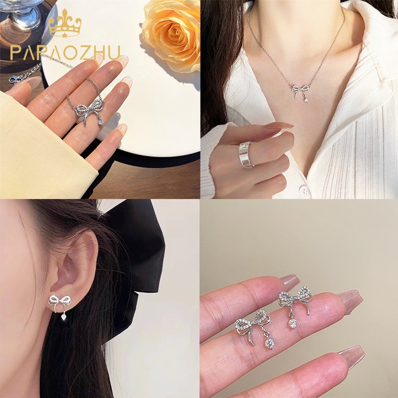 Bộ Vòng cổ + Bông Tai Hình Nơ Đính Đá Zircon Lấp Lánh Thời Trang Cho Nữ