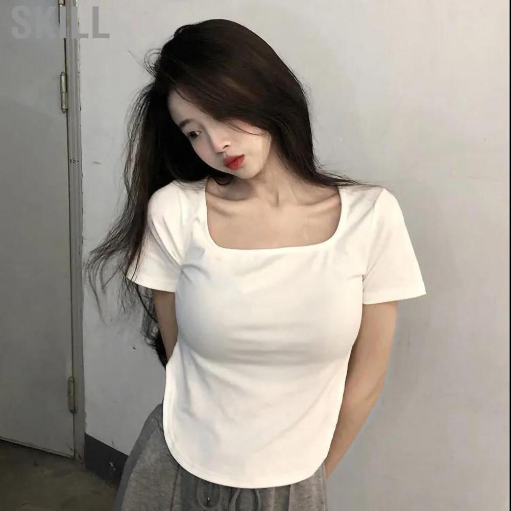 Skill Short Sleeve T Shirt  Fit Casual Square Neck Seamless Basic Blouse for Summer