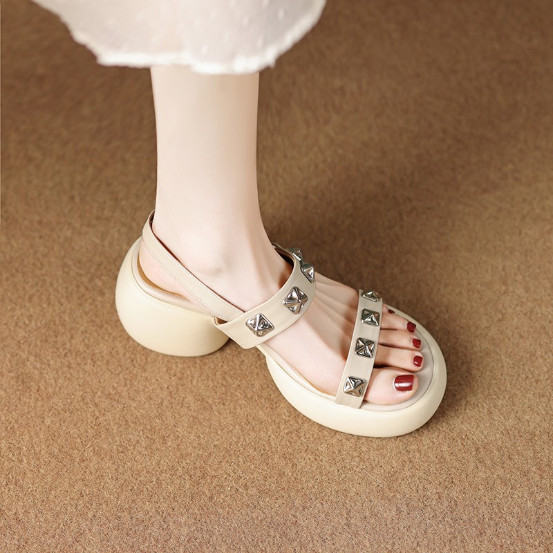 Duoya Tóc Thẳng ~ [Hàng Có Sẵn] Sandal Cao Gót Hở Ngón Bằng Da Thật Mềm Mại Chống Thấm Nước Đính Đinh Tán Thời Trang Mùa Hè Giản Dị Miễn Phí Vậ