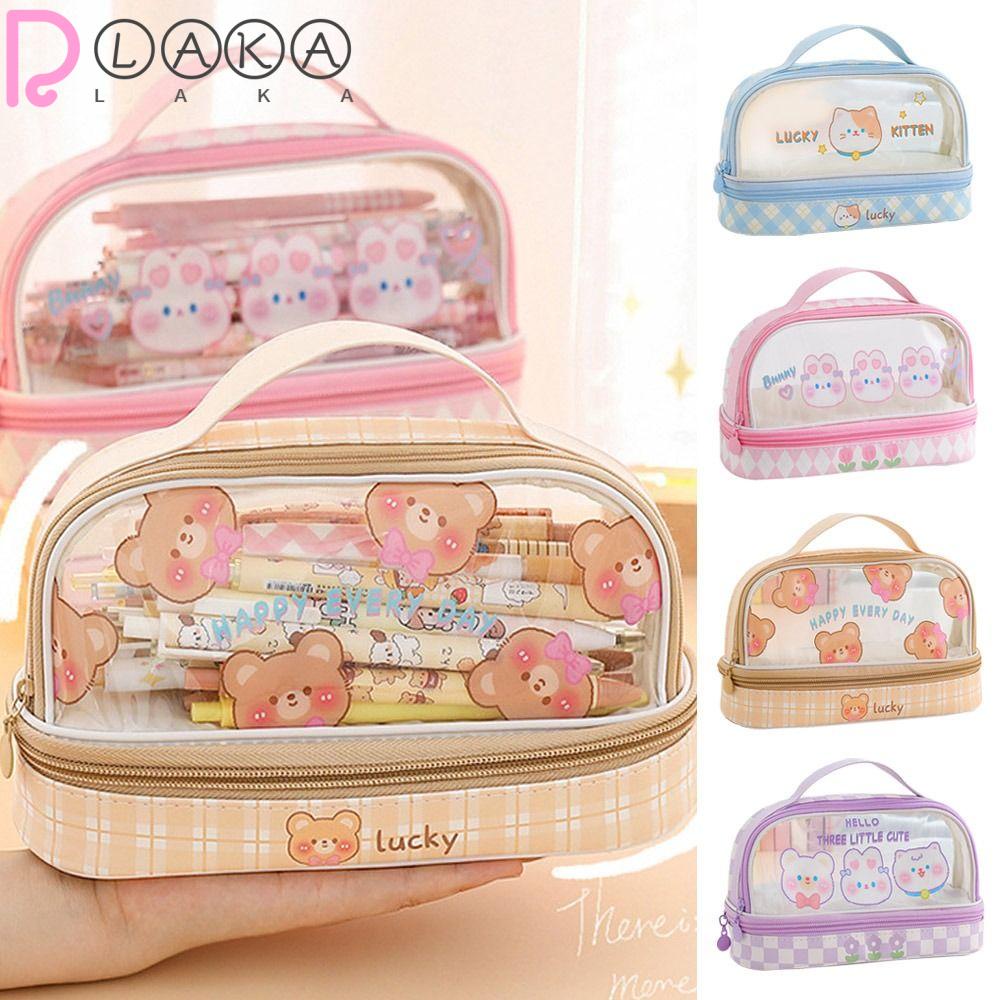 LAKAMIER Túi Đựng Bút Trong Suốt Hai Lớp Họa Tiết Hoạt Hình Xinh Xắn