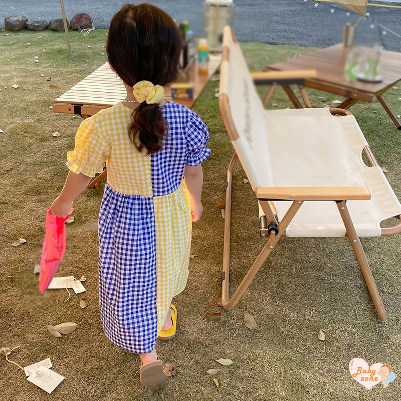 Đầm Công Chúa Tay Ngắn Phồng Cổ Chữ V In Họa Tiết Caro Thời Trang Mùa Hè Hàn Quốc Cho Bé Gái