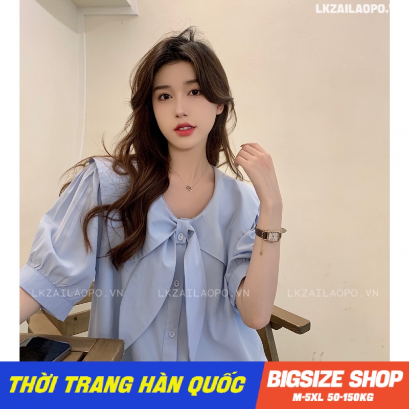 Áo sơ mi nữ tay phồng Bigsize Áo sơ mi cổ bèo tiểu thư kiểu form rộng trơn mùa hè Phong cách Hàn Quốc Thời Trang đẹp