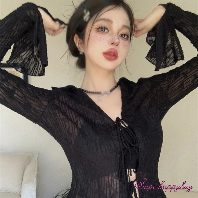 Áo Sơ Mi Chiffon Màu Trơn Cột Dây Eo Trong Suốt Chống Nắng Thoáng Khí Dành Cho Nữ