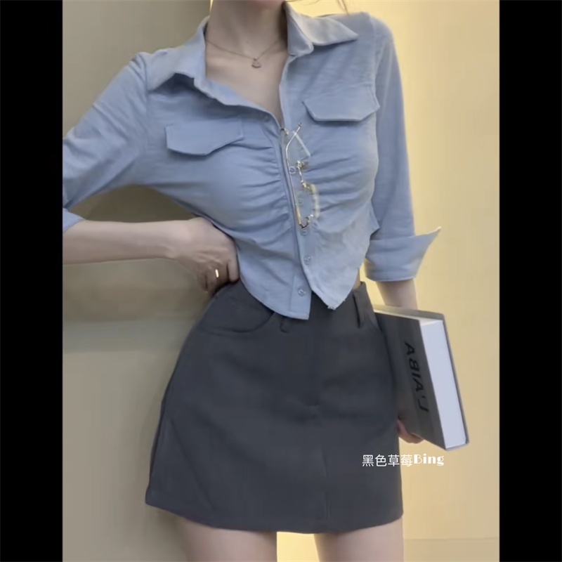 Bộ Áo Sơ Mi Dài Tay Cổ Bẻ + Chân Váy Lưng Cao Ôm Dáng Gợi Cảm Cho Nữ