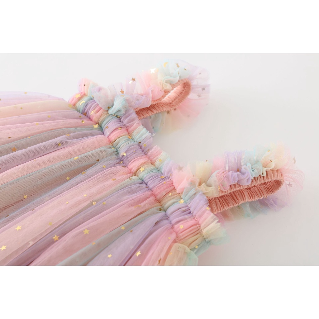 Đầm Công Chúa Hai Dây Phối Ren Họa Tiết Hoa Và Ngôi Sao Màu Cầu Vồng Dễ Thương Thời Trang Mùa Hè Cho Bé Gái