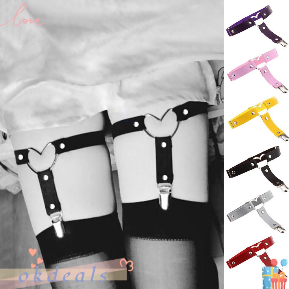 OKDEALS Đai Nịt Bít Tất Da Pu Màu Đen Phối Hình Trái Tim Phong Cách Harajuku