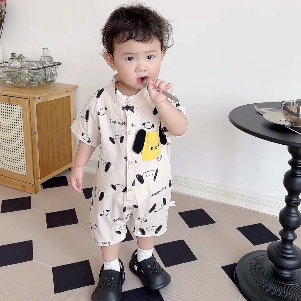 Áo Liền Quần Tay Ngắn In Hình Chú Chó Hoạt Hình Đáng Yêu Thời Trang Hè Phong Cách Hàn Quốc Cho Bé Từ 0-24 Tháng