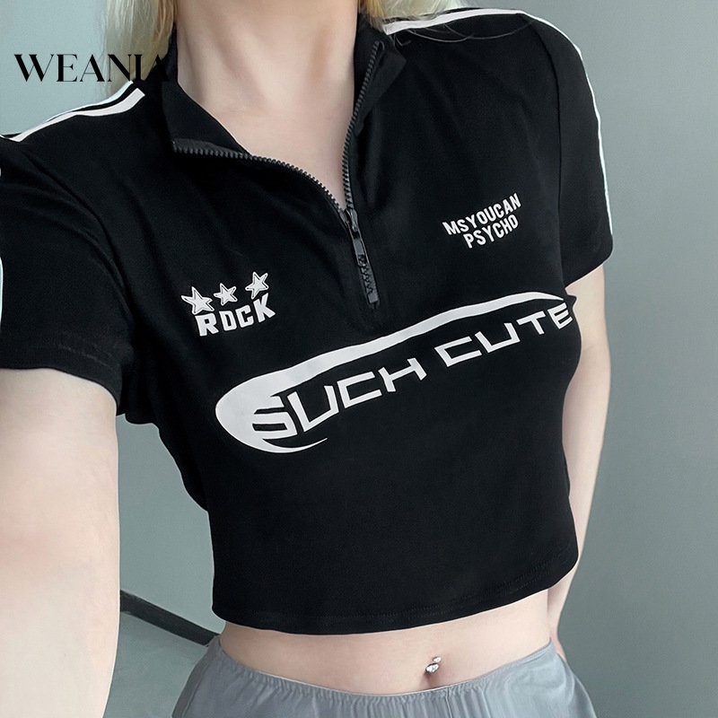 Áo Croptop Cổ Đứng In Chữ Phong Cách Đường Phố Châu Âu Cá Tính Cho Nữ