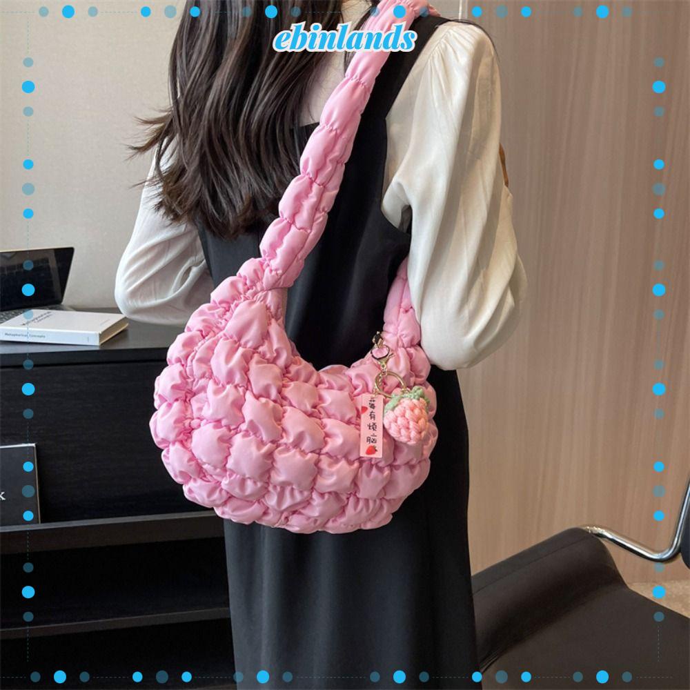 Ebinlands Túi Đeo Vai Cotton Chần Bông Màu Trơn Thêu Họa Tiết Kẻ Sọc Thời Trang Hàn Quốc Cho Nữ