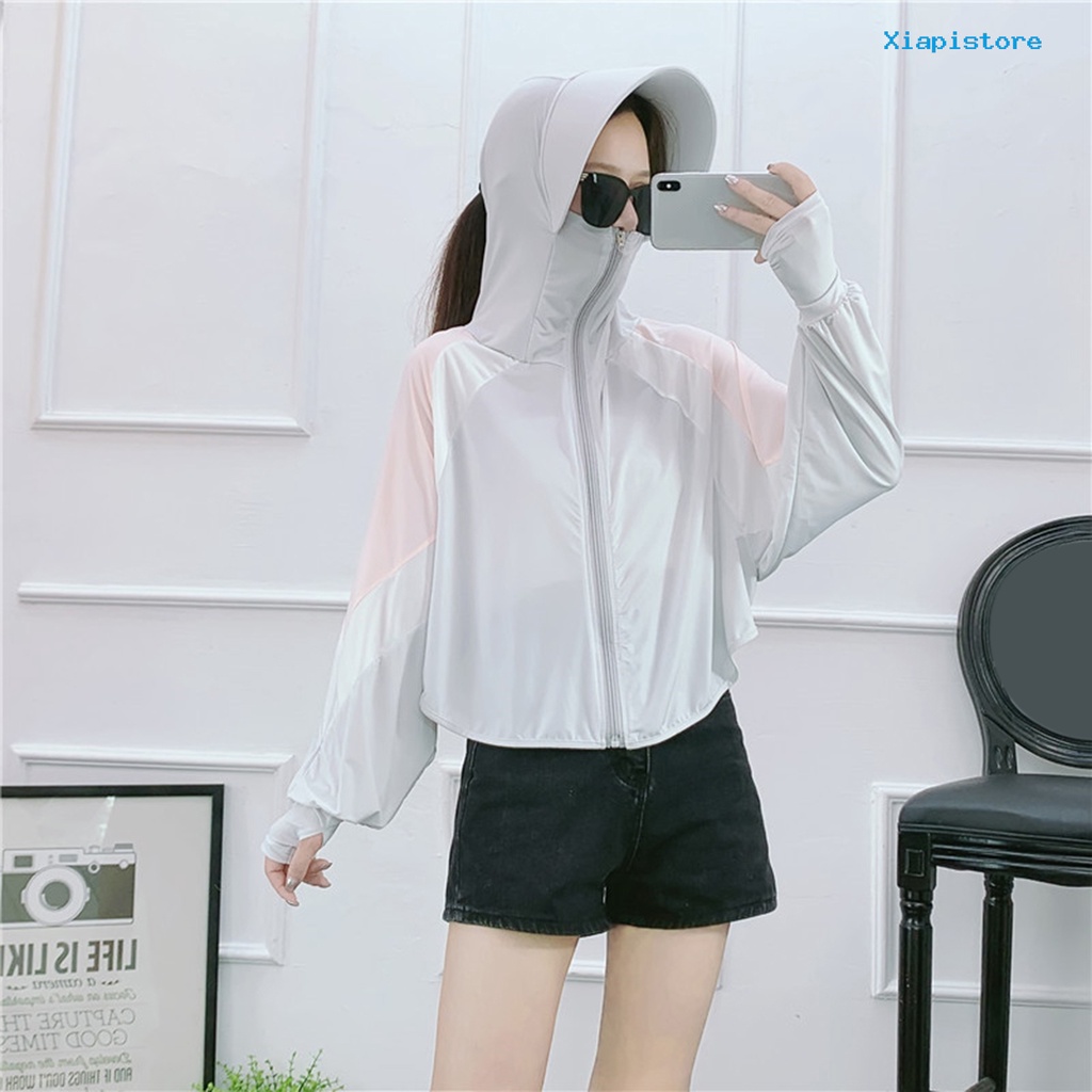 [XI] Áo Khoác Chống Nắng Tay Dài Cổ Đứng Chắp Vá Lỗ Bằng Lụa Lạnh Siêu Mỏng Có Mũ Rộng Vành Cho Nữ