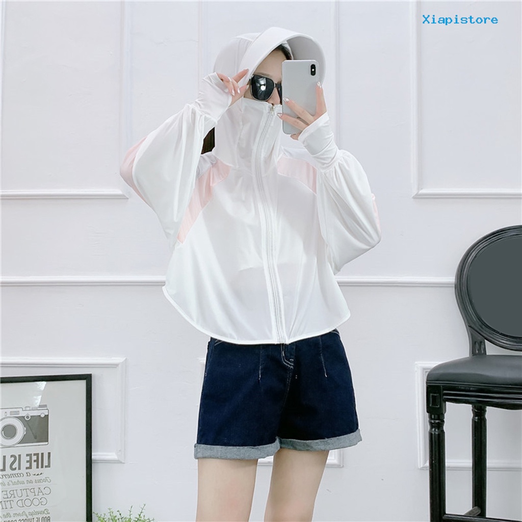 [XI] Áo Khoác Chống Nắng Tay Dài Cổ Đứng Chắp Vá Lỗ Bằng Lụa Lạnh Siêu Mỏng Có Mũ Rộng Vành Cho Nữ